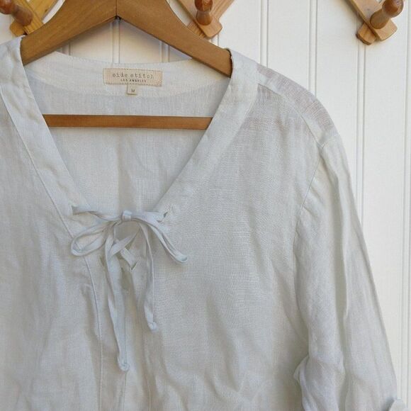 Side Stitch White Linen lace Up Top Size M Roll Tab Sleeves Lagenlook Blouse - Picture 3 of 8